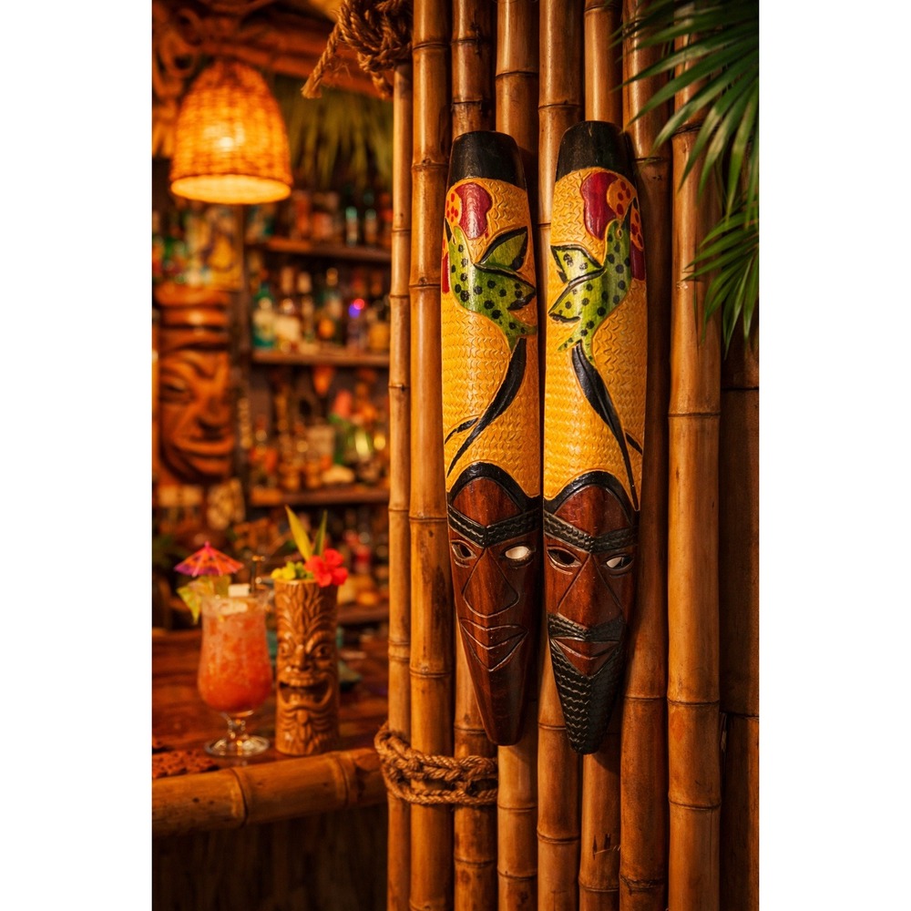 Jamaican Tribal Wood Masks Handmade Wall Hanging Tiki Art Decor Long‎ Pair 22"